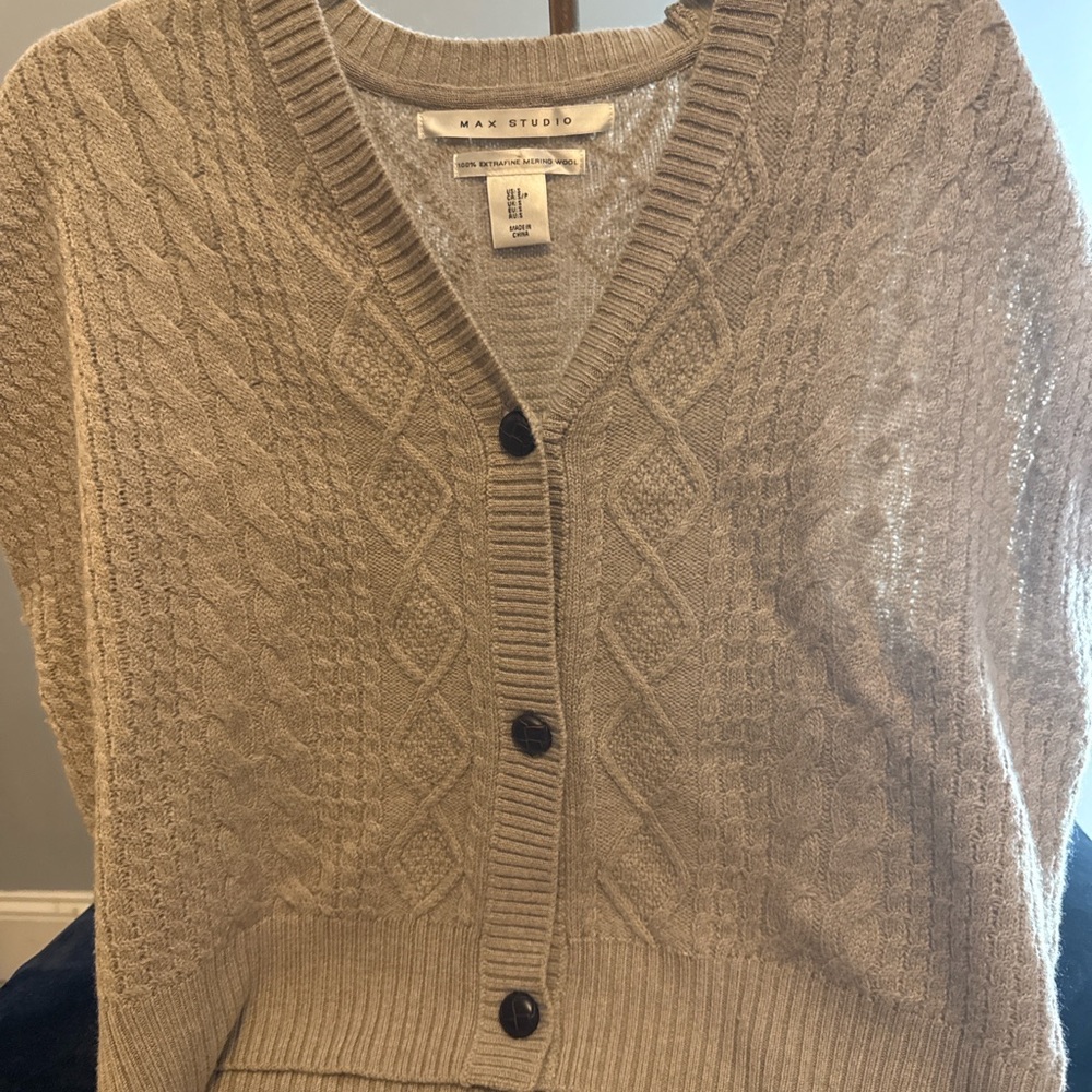 Max Studio Cable Knit Cardigan – 100% Merino Wool, Size Small
